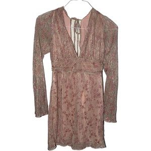 Storia Women's Small Pink Metallic Multi Floral‎ Mini Dress Sparkly Long Sleeves